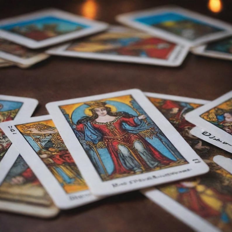 May include: A spread of tarot cards with a colorful illustration of a queen on the top card. The queen is wearing a red and blue robe and a crown. The card is labeled "The Empress".
