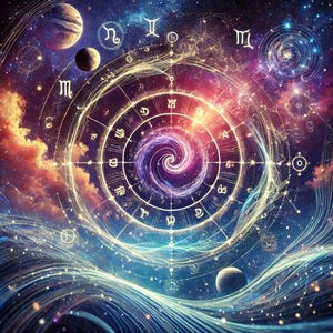 May include: A colorful, abstract illustration of a swirling galaxy with zodiac symbols and planets. The background is a deep blue with hints of pink and purple. The galaxy is surrounded by a ring of gold stars and symbols.