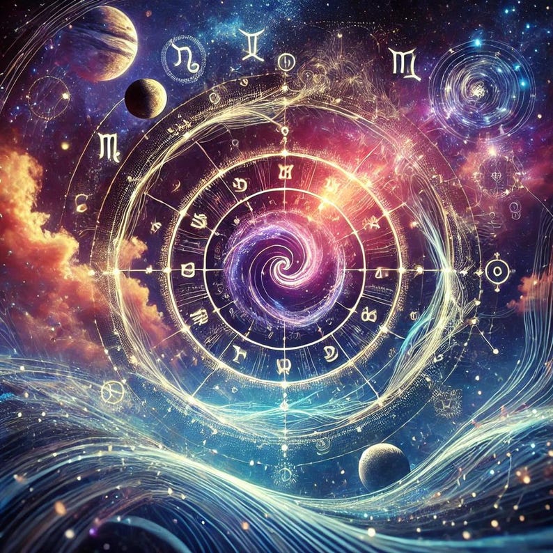 May include: A colorful, abstract illustration of a swirling galaxy with zodiac symbols and planets. The background is a deep blue with hints of pink and purple. The galaxy is surrounded by a ring of gold stars and symbols.