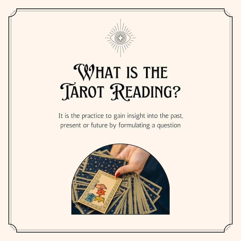 May include: A graphic with the text "WHAT IS THE TAROT READING?" and the text "It is the practice to gain insight into the past, present or future by formulating a question". The graphic also features a hand holding a deck of tarot cards.