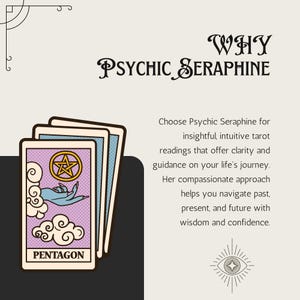 May include: A tarot card reading with the word "PENTAGON" on the bottom. The card features a purple background with a five-pointed star, a hand reaching out from a cloud, and a white outline. The text "WHY PSYCHIC SERAPHINE" is in a decorative font above the card. The text below the card reads "Choose Psychic Seraphine for insightful, intuitive tarot readings that offer clarity and guidance on your life's journey. Her compassionate approach helps you navigate past, present, and future with wisdom and confidence."