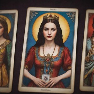 May include: A tarot card illustration of a woman wearing a crown and a red dress. She is holding a card in her hands. The card is surrounded by a halo of light. The background is a blue and gold design.