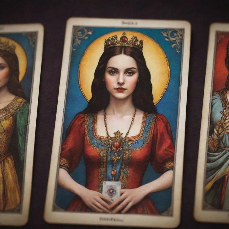 May include: A tarot card illustration of a woman wearing a crown and a red dress. She is holding a card in her hands. The card is surrounded by a halo of light. The background is a blue and gold design.