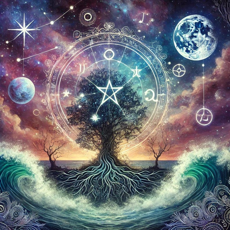 May include: A mystical tree with roots extending into a swirling ocean, surrounded by a celestial sky with stars, planets, and a glowing pentagram. The tree is encircled by a circular design with symbols and runes.