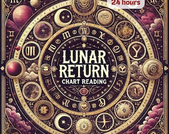 May include: A gold and black circular chart with the words "LUNAR RETURN CHART READING" in the center. The chart is surrounded by various symbols and celestial bodies, including moons, stars, and planets. The text "Within 24 hours" appears in red at the top of the chart.