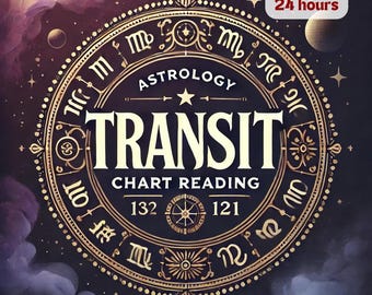 May include: A gold and black astrological chart reading with the text "Transit Chart Reading" and "Within 24 hours" in a circle with zodiac symbols.