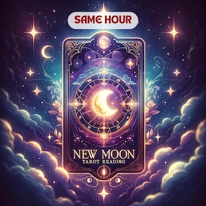 Peut inclure: Une carte de tarot avec une lune croissante et des étoiles sur un fond bleu foncé. La carte est dorée et porte les mots "New Moon Tarot Reading". Les mots "Same Hour" sont dans un encadré rouge en haut de l'image.