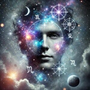 May include: A person's face is surrounded by a swirling galaxy of stars and celestial symbols, including a crescent moon, a star, and various zodiac signs. The image has a mystical and ethereal feel.
