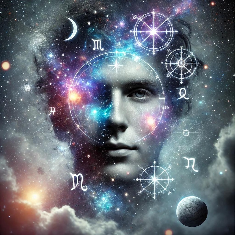 May include: A person's face is surrounded by a swirling galaxy of stars and celestial symbols, including a crescent moon, a star, and various zodiac signs. The image has a mystical and ethereal feel.
