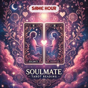 Puede incluir: Dos cartas de tarot con un fondo rosa y morado. Las cartas están una al lado de la otra y muestran dos figuras sosteniendo un corazón. El texto en las cartas dice "Soulmate" y "Hesitate". El texto debajo de las cartas dice "Soulmate Tarot Reading".