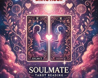 May include: Two tarot cards with a pink and purple background. The cards are side by side and show two figures holding a heart. The text on the cards reads "Soulmate" and "Hesitate". The text below the cards reads "Soulmate Tarot Reading".