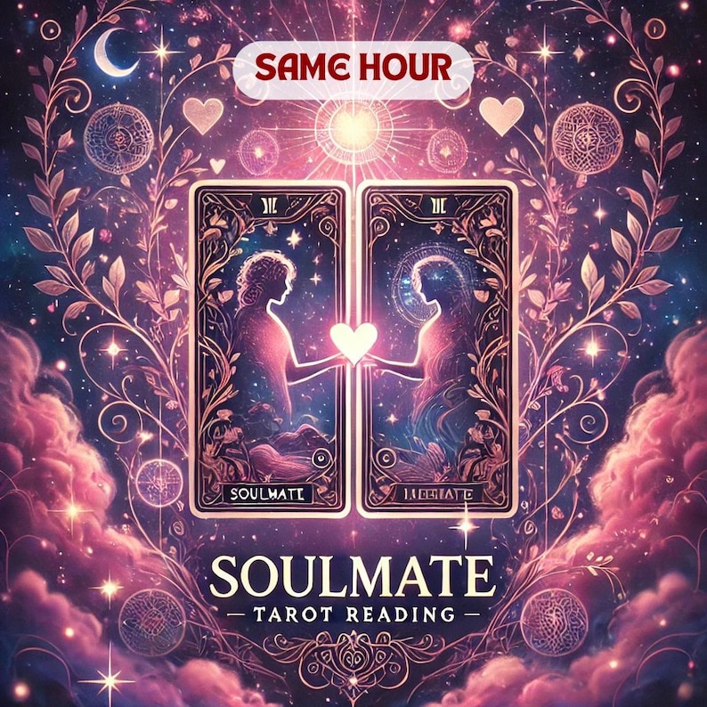 Op de afbeelding: Twee tarotkaarten met een roze en paarse achtergrond. De kaarten liggen naast elkaar en tonen twee figuren die een hart vasthouden. De tekst op de kaarten luidt "Soulmate" en "Hesitate". De tekst onder de kaarten luidt "Soulmate Tarot Reading".