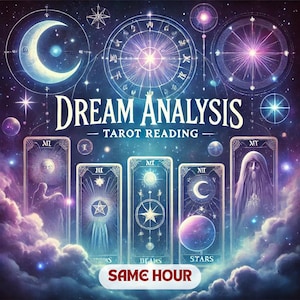 May include: A tarot card reading service with the text "DREAM ANALYSIS - TAROT READING - SAME HOUR" and five tarot cards with celestial imagery.