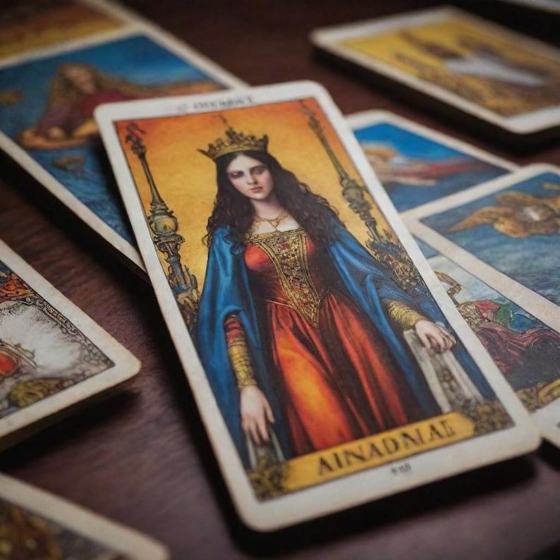 May include: A tarot card with a woman wearing a crown and a red and gold dress. The card is called "The Empress" and has the number "III" on it.