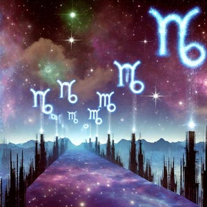 May include: A digital illustration of a starry night sky with a path leading to a city in the distance. The sky is filled with stars and the constellation Sagittarius is repeated throughout the image.