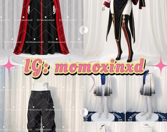 May include: A collection of costumes including a red and black floor-length cape with a white shirt, a black sleeveless dress with red and white sleeve accents, black trousers, and a white-to-grey gradient jacket with white trousers.