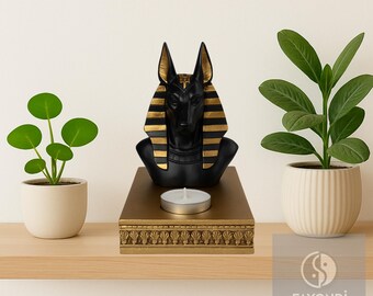 Anubis-Büste als Kerzenhalter mit goldenem Sockel – Ägyptischer Kerzenständer für 1 oder 2 Teelichter – Optionales Geschenkset mit 10 handgefertigten Duftkerzen