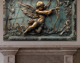 Baroque Cupid Tempered Glass Wall Art, Bronze Patina Frame