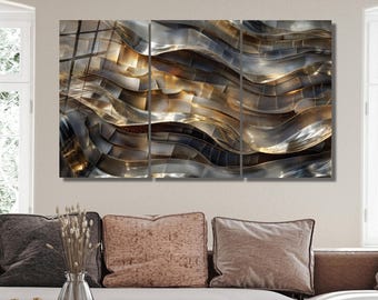 Large Tempered Glass Metallic Wave Decor – Gold Silver Modern Luxury Design