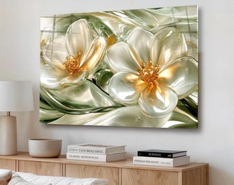 Luxury Floral Tempered Glass Wall Art, Gold Flower Abstract, Elegant Modern Wall Decor