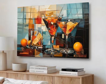 Decoración de pared de vidrio templado con forma de cóctel, decoración moderna para bar, colorida obra de arte de Martini para bar en casa.