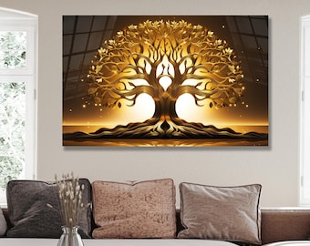 Cuadro de pared de vidrio templado con el Árbol de la Vida dorado, decoración de pared grande y espiritual.