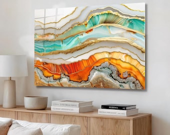 Tempered Glass Wall Art Abstract Marble – Gold Teal Modern Decor