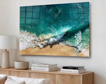 Arte mural de olas del océano en vidrio templado – Decoración de paisaje marino costero