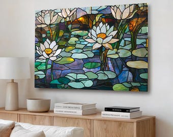 Decoración de pared en vidrio templado con flor de loto, nenúfar botánico, estilo zen spa, acento para el hogar.