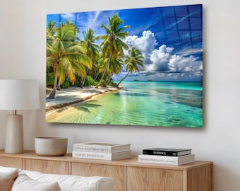 Arte de pared de vidrio templado con paisaje de playa tropical, palmeras y vista al mar, decoración costera