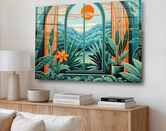 Decoración de pared de vidrio templado con motivos botánicos y plantas verdes. Arte de pared moderno de gran tamaño.