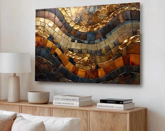 Tempered Glass Wall Art Abstract Gold Mosaic Look Luxury Modern Extra Large Decor