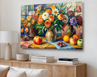 Bodegón floral de vidrio templado, jarrón de flores colorido para decoración, acento para cocina y comedor.