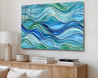 Cuadro decorativo de vidrio templado, olas abstractas del océano en tonos azul turquesa, decoración costera