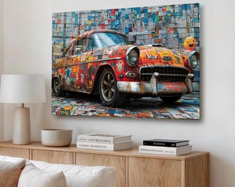 Decoración de pared en vidrio templado con diseño de coche vintage, decoración retro para garaje, regalo para hombres, arte automotriz.