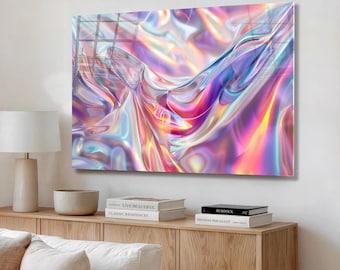Tempered Glass Holographic Wall Art – Iridescent Pastel Wave