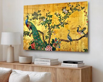 Arte de pared de vidrio templado con diseño chinoiserie, pavo real dorado, botánico asiático, decoración