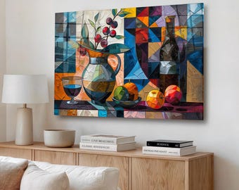 Naturaleza muerta cubista en vidrio templado, arte abstracto colorido para la cocina, acento decorativo moderno para vino.