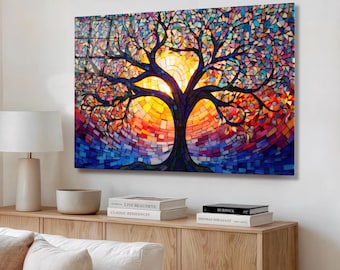 Arte de pared de vidrio templado con diseño de árbol de la vida y colores del atardecer, aspecto mosaico.