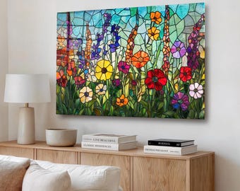 Floral Stained Glass Look Tempered Glass Wall Art, Flower Garden Decor