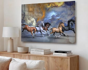 Arte de pared de vidrio templado con caballos corriendo, cielo dramático, decoración ecuestre