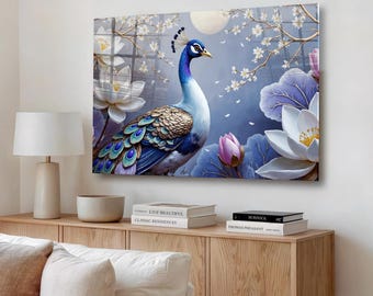 Decoración de pared de vidrio templado con pavo real, flores y pájaros. Elegante idea de regalo para sala de estar o dormitorio.