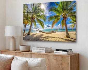 Tempered Glass Wall Art Tropical Beach Palm Trees Ocean Hammock Summer Coastal Wall Decor
