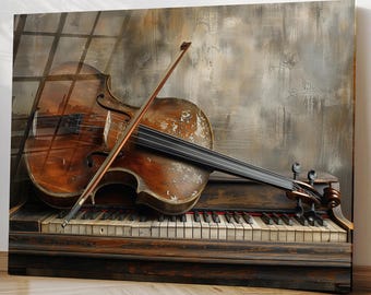 Cuadro de pared de vidrio templado con violín y piano, decoración de música clásica vintage para músicos.