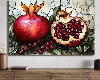 Cuadro de pared de vidrio templado con diseño de granada, decoración de cocina, decoración de pared con frutos rojos, arte para el comedor.