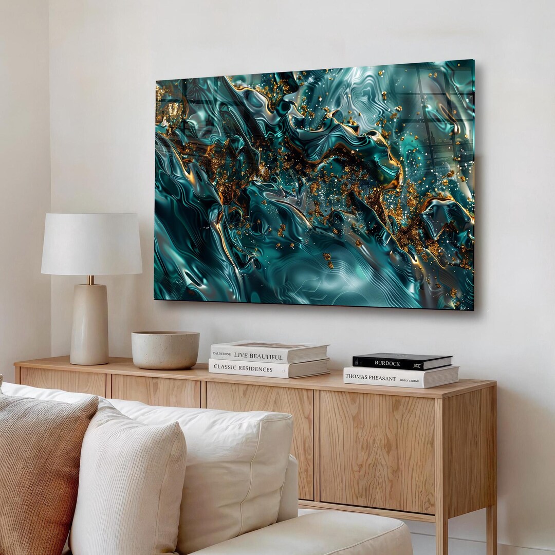 Tempered Glass Wall Art Teal Gold Marble Decor, Emerald Luxury Design ...
