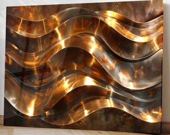 Arte de pared de vidrio templado con ondas metálicas doradas - Decoración abstracta moderna