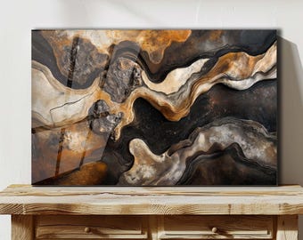 Arte de pared de vidrio templado con diseño abstracto de mármol, decoración moderna y neutra para el hogar.