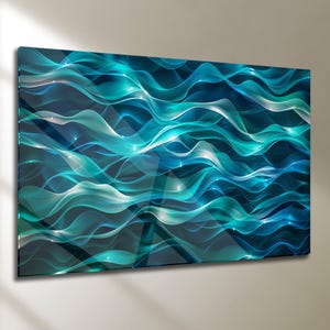 Teal Ocean Wave Tempered Glass Wall Art – Modern Coastal Decor