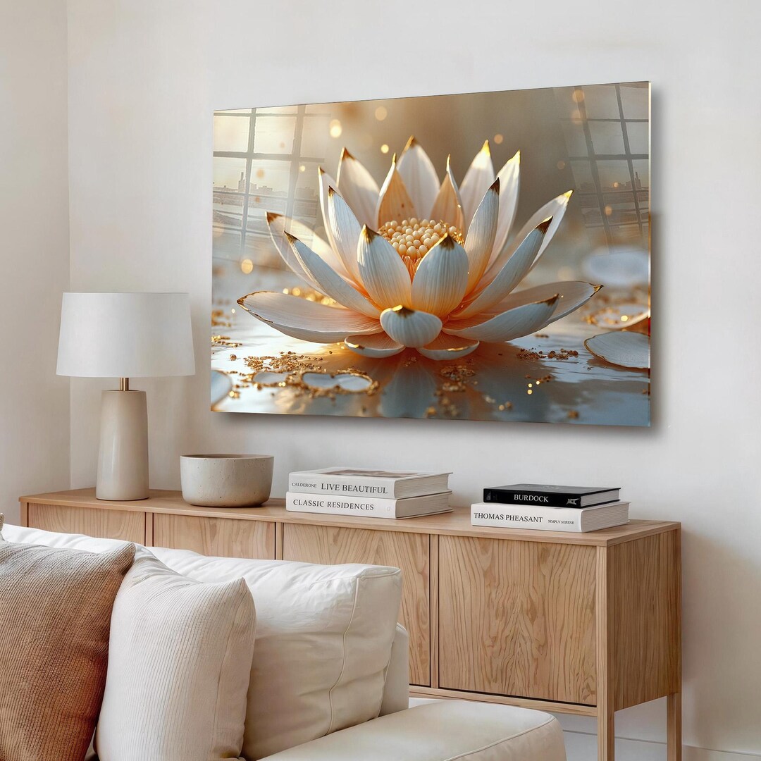 Golden Lotus Flower Tempered Glass Wall Art Zen Spa Floral Decor - Etsy